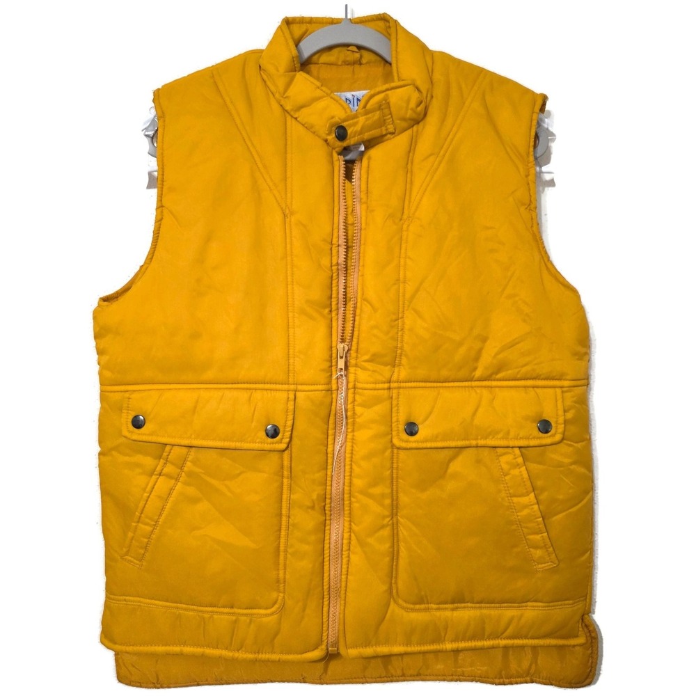 Alpine Ski Vest Mens Medium Vintage 80s Yellow Quilted Puffer Full Zip Snap Ski